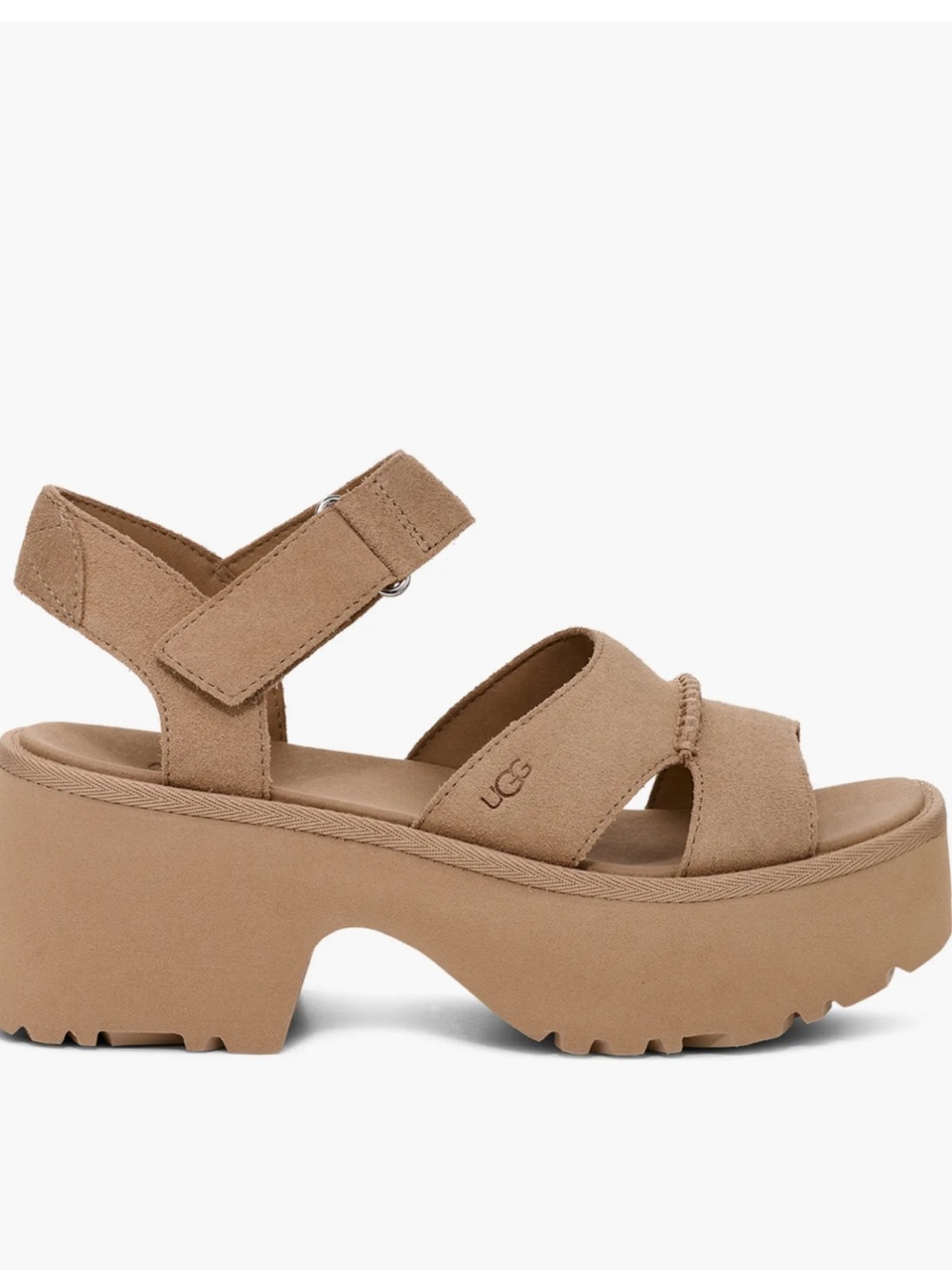 NWOB UGG New Heights Suede Platform Sandals Size 6.5 In Tan